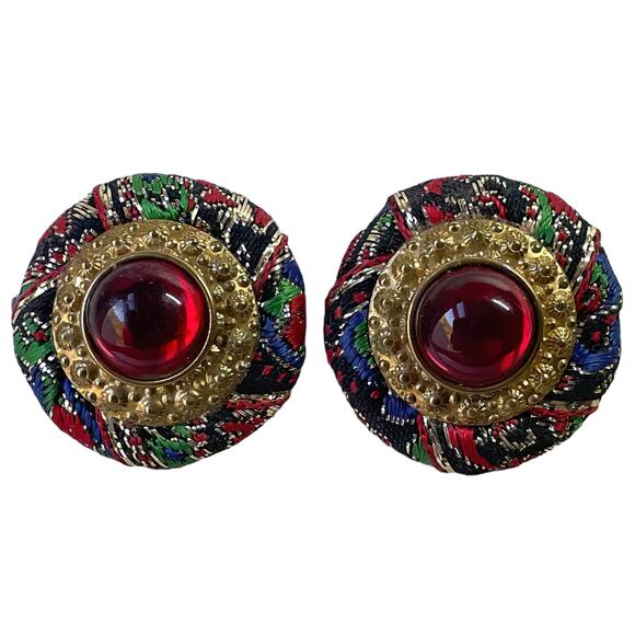 Vintage Two Sisters Clip Earrings: Brocade Fabric, Lucite Cabochons - Picture 2 of 3